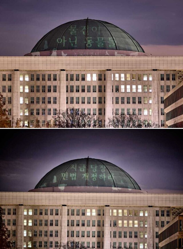 지난 28일 밤 서울 여의도 국회의사당 지붕에 ‘동물 비동물화’ 메시지를 담은 빔프로젝션 투사 퍼포먼스가 진행됐다. 동물은물건이아니다연대 제공