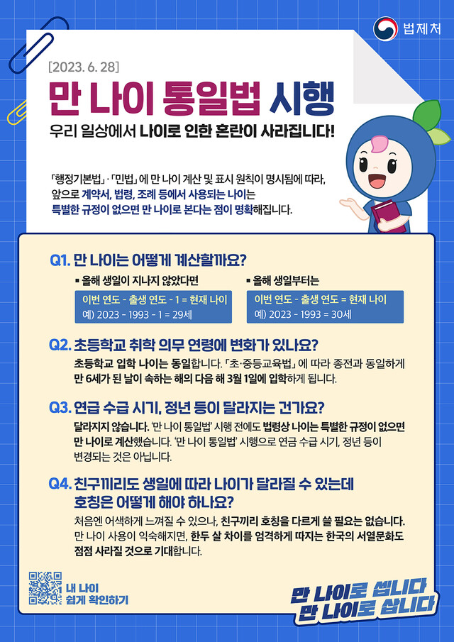 법제처가 31일 공개한 ‘만 나이 통일법 시행 큐앤에이’포스터. 법제처 제공