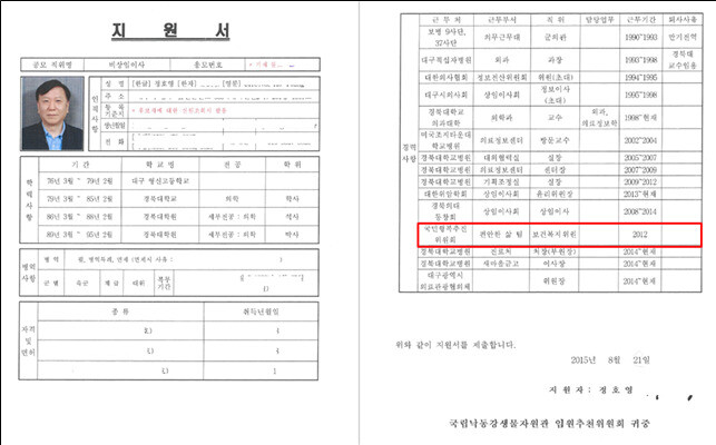 정호영 보건복지부 장관 후보자가 2015년 국립낙동강생물자원관 비상임이사 지원서를 보면, 경력 사항에 2012년 국민행복추진위원회 편안한 삶 팀 보건복지위원으로 활동했다고 쓰여있다. 최혜영 의원실 제공