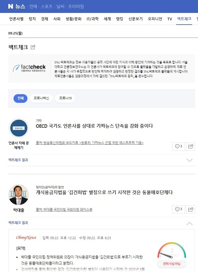 네이버가 에스엔유(SNU) 팩트체크센터와 제휴해 뉴스홈에 제공해오던 ‘팩트체크’ 서비스. 2018년 1월29일에 시작한 서비스는 2023년 9월26일에 중단될 예정이다. 누리집 갈무리