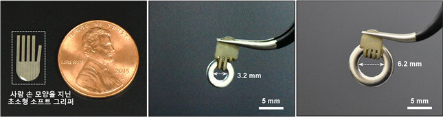 아주대 연구팀이 개발한 다섯개의 손가락을 가진 초소형 소프트 로봇(그리퍼). 아주대 제공