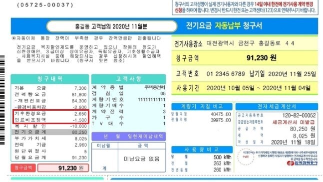 기후환경요금과 연료비조정액이 반영된 새로운 전기요금 고지서 예시. 한국전력공사 제공