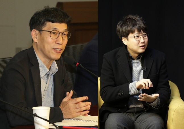 진중권 전 동양대 교수와 이준석 전 국민의힘 최고위원. 연합뉴스와 &lt;한겨레&gt; 자료사진