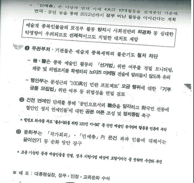 2010년 이명박 정부 국가정보원이 작성한 ‘예술계 종북세력의 반정부 정치활동 무력화’ 문건. 유인촌 문화체육관광부 장관 후보자는 당시 문체부(문화부) 장관이었다.