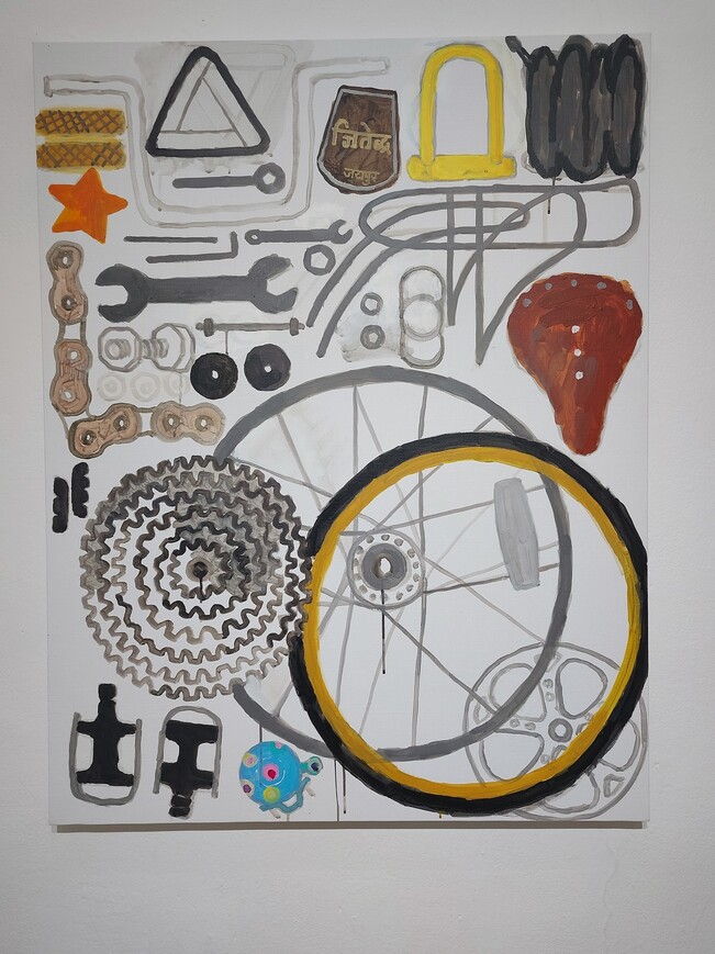자전거를 해체한 뒤 부품과 공구들을 그린 박환희 작가의 사물그림. 노형석 기자