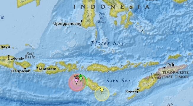 8월부터 인도네시아 숨바섬에 발생한 지진 표시. Earthquake Track