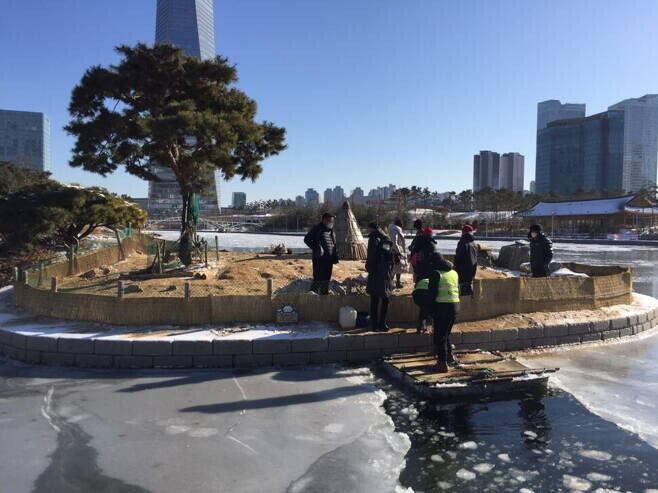 송도 토끼섬은 육로로는 접근이 불가능해 공원관리자가 뗏목을 타고 오가며 먹이를 줘야 한다. 토끼보호연대 제공