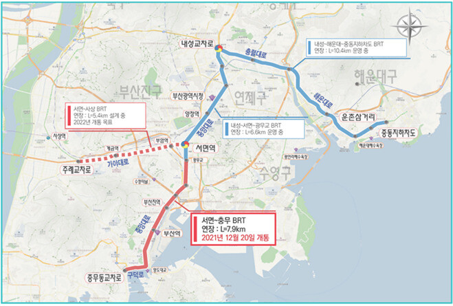 부산 간선급행버스(BRT) 노선도. 부산시 제공