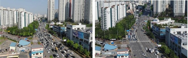 경기 용인시와 수원시 경계에 있는 수원 삼성삼거리 일대. 왼쪽은 상습 정체구간 개선사업 전 출근시간대인 5월11일 오전 8시30분 도로 상황. 오른쪽은 신호체계 등 개선 이후인 6월8일 오전 같은시간대 도로 상황. 경기남부경찰청 제공