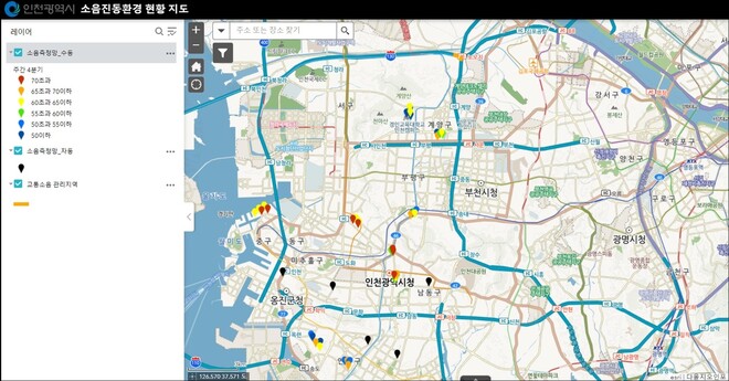 인천 도심 소음환경 현황 지도. 인천시 제공