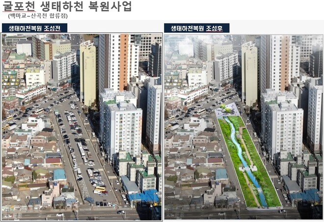 인천 부평구 부평1동 행정복지센터에서 부평구청까지 1.5㎞에 이르는 굴포천 복개 구간의 시멘트를 거둬내고, 생태하천으로 꾸미는 복원사업이 11일 첫 삽을 떴다.