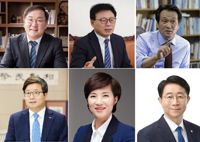 경기도지사 더불어민주당 후보군. 왼쪽 위부터 김태년 의원, 박광온 의원, 안민석 의원, 염태영 수원시장, 유은혜 사회부총리 겸 교육부장관, 조정식 의원.