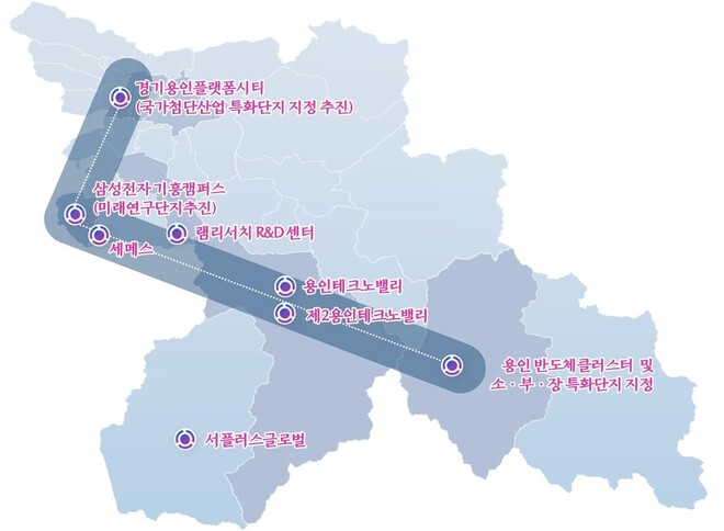 용인시 기흥구 용인플랫폼시티에서 삼성전자 기흥캠퍼스, 처인구 SK하이닉스, 원삼반도체협력산업단지로 이어지는 ‘L자형 용인 반도체 벨트’. 용인시 제공