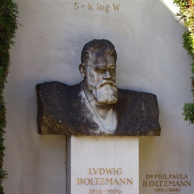 오스트리아 빈에 있는 볼츠만의 무덤. 그의 흉상 위로 엔트로피 정의가 적혀 있다. 위키피디아
