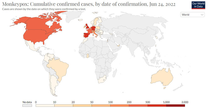 24일 기준 전 세계 원숭이두창 확진자. 아워월드인데이터