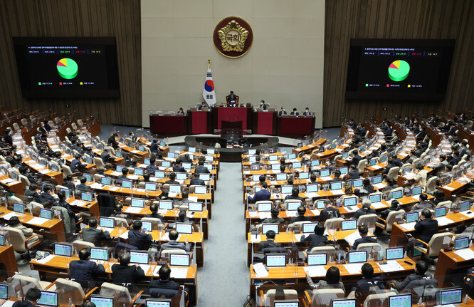 23일 오후 국회 본회의에서 종합부동산세법 일부개정법률안에 대한 수정안이 통과되고 있다. 연합뉴스