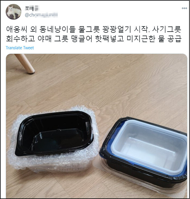 물이 어는 것을 방지한 ‘특제 물그릇’을 소개한 한 누리꾼. 트위터 @ch**********