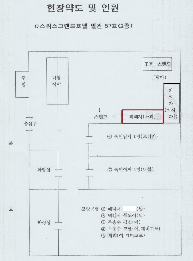 당시 사건 현장 구조도. 숙소에 투숙한 이후 거실에서 성재와 함께 잠자던 매니저 L은 사건 전날, 백댄서 류노아의 권유에 따라 안방에서 잠을 잤다. 서부경찰서 수사결과보고서