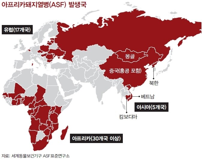 아프리카 돼지열병 발생국 지도, 출처: 세계동물보건기구 ASF표준연구소, 2019.06.09 한겨레21 1266호 그래픽