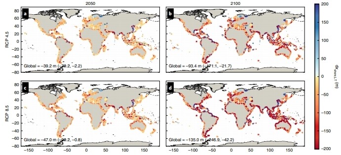 세계 해안선 변화 전망. a와 b는 온실가스 배출량 상당 감축하는 경우, c와 d는 현재 추세가 계속될 경우.