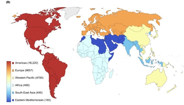 &nbsp; &nbsp; &nbsp; &nbsp; &nbsp; &nbsp; &nbsp; &nbsp; &nbsp; &nbsp; &nbsp; &nbsp; &nbsp; &nbsp; &nbsp; &nbsp; &nbsp; &nbsp; &nbsp; &nbsp; &nbsp; &nbsp; &nbsp; &nbsp; &nbsp; &nbsp; &nbsp; &nbsp; &nbsp; &nbsp; &nbsp; &nbsp; &nbsp; &nbsp; &nbsp; &nbsp;연동건·이진석 교수 연구팀은 1967년부터 2023년까지 보고된 총 31,676건의 아나필락시스 반응 사례를 분석했다. 사진은 전 세계 사례 분포도.경희대 제공