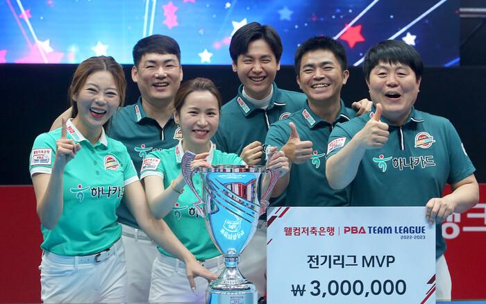 하나카드의 김병호 주장(오른쪽)이 2022~2023 팀 리그 전기 우승 뒤 팀원들과 기뻐하고 있다. PBA 제공