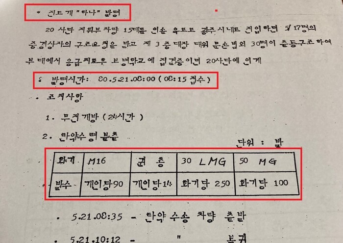 <80년 기갑학교사>에 1980년 5월21일 아침 8시 진돗개 하나가 발령된 뒤 실탄이 지급된 사실이 적혀 있다.