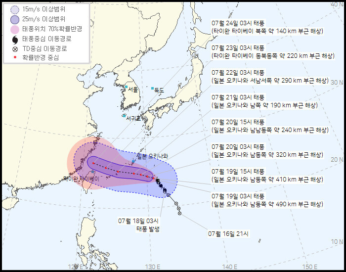 19일 오전 3시 현재 제6호 태풍 ’인파’의 예상진로도. 기상청 제공 ※ 이미지를 누르면 크게 볼 수 있습니다.