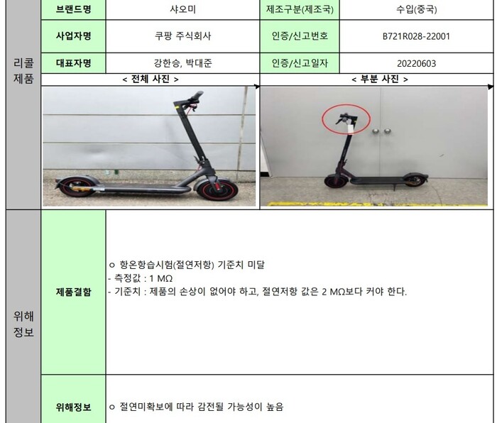 쿠팡에서 판매한 샤오미 전동킥보드가 감전 위험 등으로 리콜 명령을 받았다. 국가기술표준원 제공