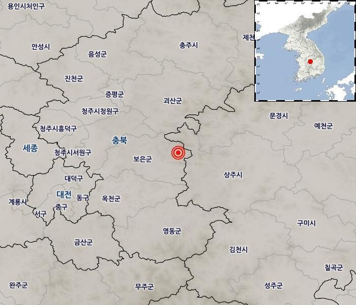 충북 보은군 지진 발생 위치. 기상청 제공