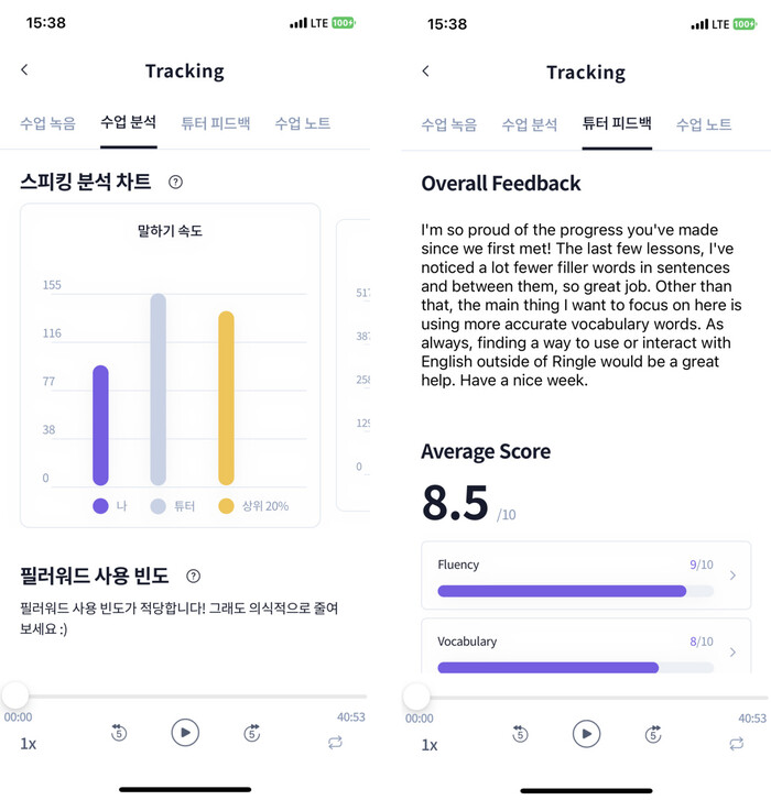 수업이 끝나면 인공지능 기술을 활용해 말하기 속도와 어휘의 다양성 등을 분석한 정량 평가 결과(왼쪽)와 튜터가 직접 작성한 정성 평가 결과를 ‘피드백 리포트’로 받아볼 수 있다. 링글 앱 화면 갈무리