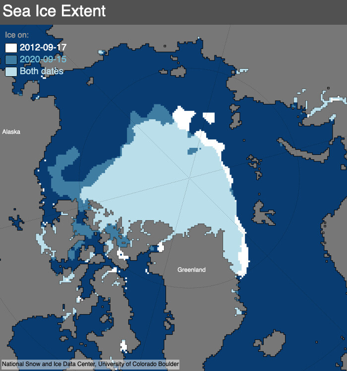 올해와 2012년 북극 해빙 분포. 올해는 2012년에 비해 보퍼트해 쪽(지도 왼쪽 미국 알래스카 인근)은 해빙 면적이 넓은 반면 랍테프해(지도 위쪽)와 동그린란드해 쪽 해빙 면적은 작은 것으로 나타났다. 미국 국립빙설자료센터(NSIDC) 제공