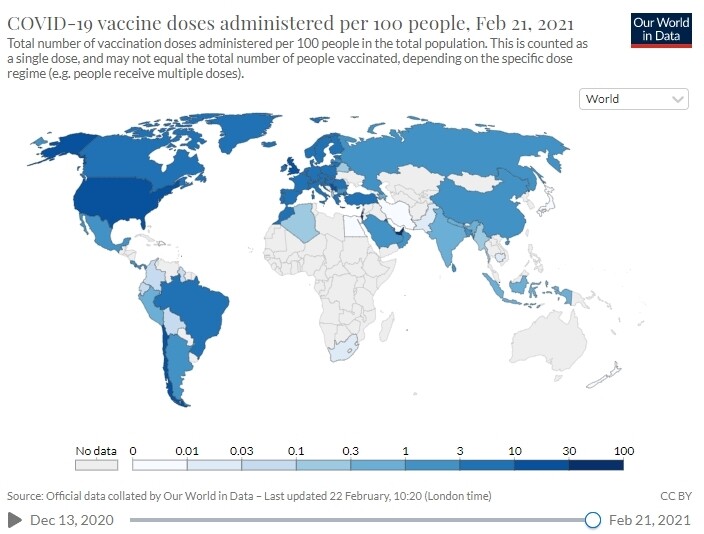 2월21일 현재 나라별 코로나19 백신 접종 현황(인구 100명당 접종 횟수)