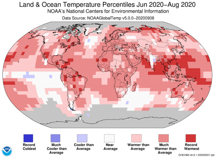 지난 6~8월 지구 지표면과 해수면 온도를 20세기 평균과 비교한 퍼센타일 그래픽. 붉은색으로 표시된 부분이 지난 6~8월 기온이 역대 가장 높은 곳으로 기록된 지역이다. 미국 국립해양대기청 제공