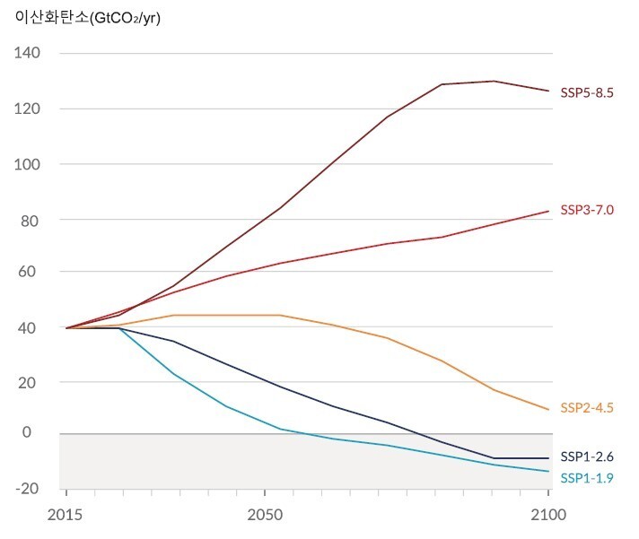 5가지 시니라오의 미래 연간 이산화탄소 배출량. 출처: IPCC 제6차 평가보고서