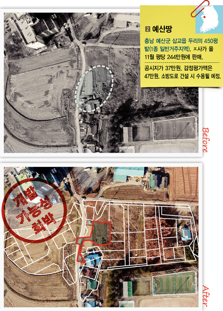 기자가 취업해 일했던 기획부동산 ㅈ사가 판매한 충남 예산군 삽교읍 두리의 한 밭. 해당 밭 인근 논밭도 다른 기획부동산에 팔려 여러개의 다각형 필지로 쪼개졌다.