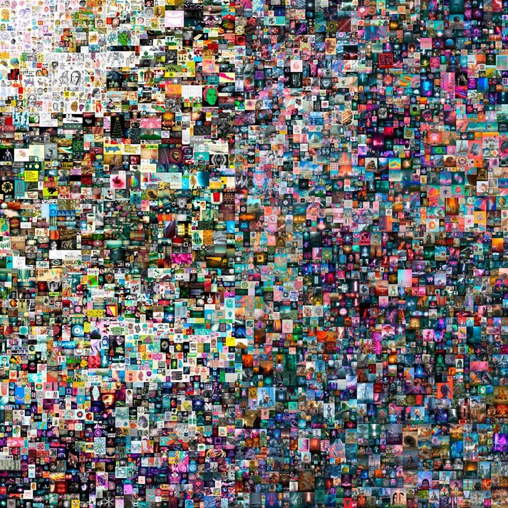 3월11일 뉴욕 크리스티 경매에서 디지털 아티스트 비플의 작품 ‘에브리데이즈’는 시초가 100달러에서 시작해 6930만달러(약 785억원) 가치의 암호화폐(4만2329이더리움 ETH)에 낙찰됐다. 비플이 날마다 작업해온 5000여장의 이미지를 콜라주로 만든 작품이다. 크리스티 제공