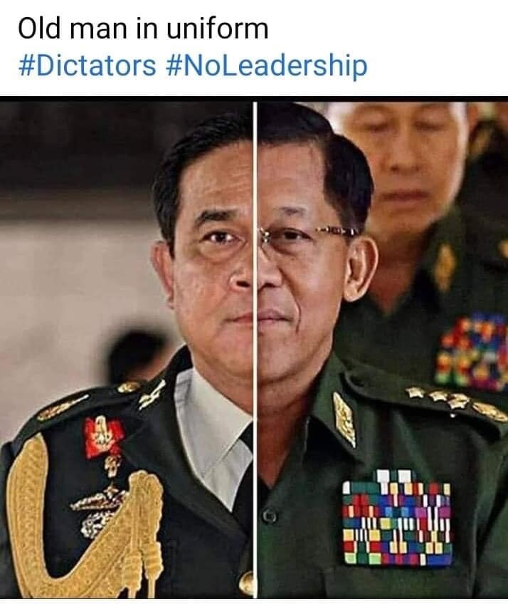 쿠데타로 집권한 태국의 쁘라윳 짠오차 총리와 미얀마의 민 아웅 흘라잉 총사령관은 “쌍둥이 독재자”로 불린다. 군복 차림의 두 사람을 합성한 사진(오른쪽이 민 아웅 흘라잉)이 최근 에스엔에스(SNS)에서 유행하고 있다. 폴 체임버스(태국 정치학자) 페이스북 갈무리