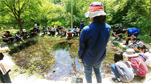 청주 양서류 생태공원을 찾은 어린이들이 두꺼비, 맹꽁이 등을 살피고 있다. 두꺼비친구들 제공