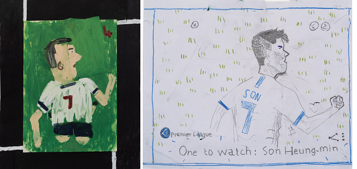 (왼쪽) Tottenham Colours, 4 Goals, 2020, Oil and Collage on Paper and Canvas 111.5 x 89 cm, Photo: Jo Moon Price(문현주)&nbsp; <br>(오른쪽) One to watch, Son, 2020, Coloured pencil, pencil, oil and collage on paper 30.4 x 37 cm, Photo: Jo Moon Price(문현주)