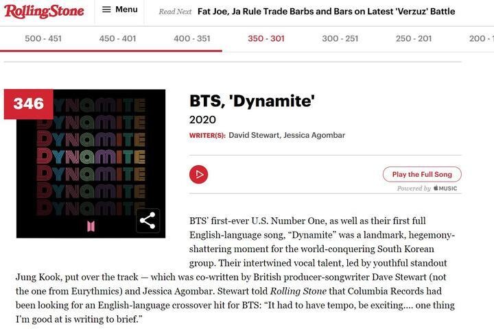 &lt;롤링스톤&gt;이 방탄소년단 노래 ‘다이너마이트’를 소개한 내용. 누리집 갈무리