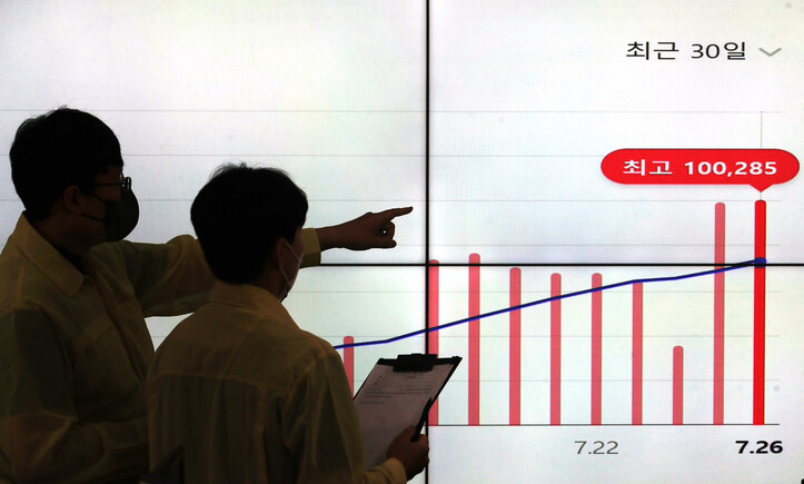 코로나19 신규 확진자가 10만285명 발생한 27일 서울 송파구청 재난안전상황실에서 직원들이 코로나19 현황을 살펴보고 있다. 연합뉴스