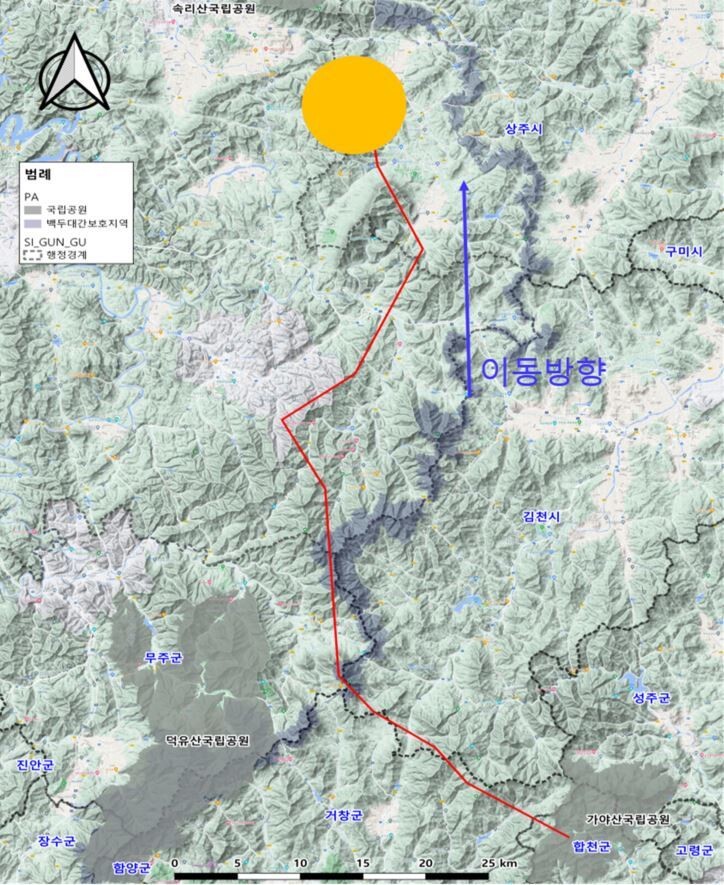 반달곰 KM-53의 이동 경로. KM-53이 평소 활동권역을 벗어나자, 국립공원관리공단은 현장대응팀을 구성해 뒤를 쫓고 있다. 환경부 제공