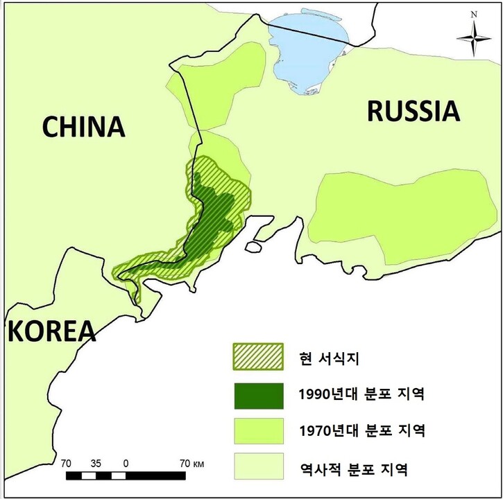 한국표범 분포 지역의 변천. 임정은 박사 제공.