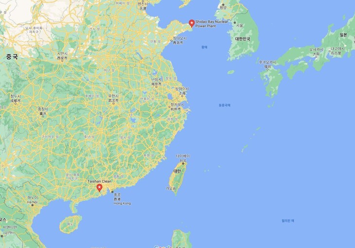 중국 광둥성 타이산 원전(아래 빨간점). 구글 지도 갈무리