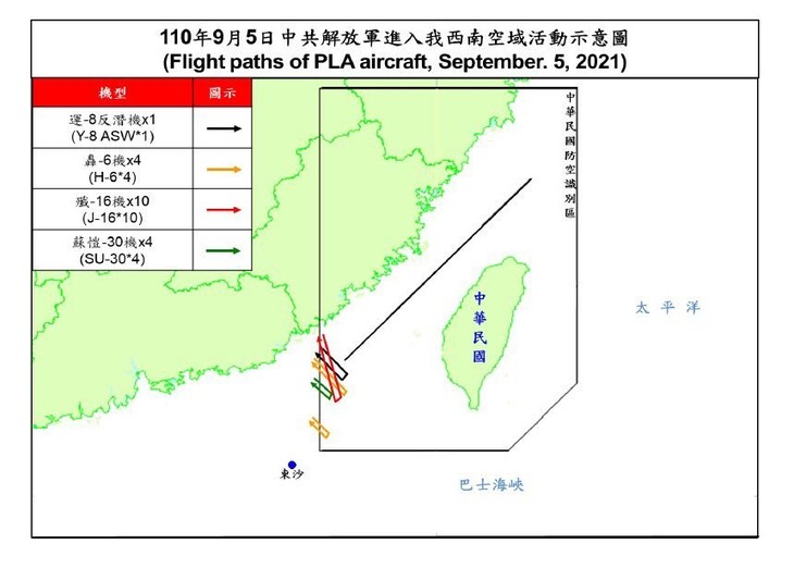 5일 대만의 방공식별구역에 진입한 중국 군용기 19대의 비행 경로. 대만 국방부 자료 갈무리