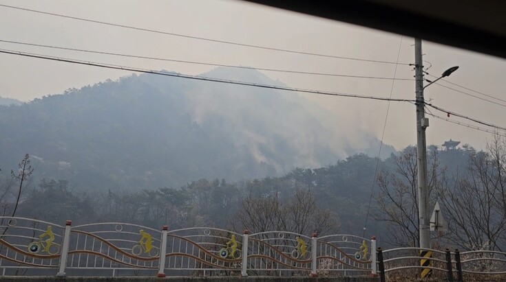 대전 서구 장안동과 충남 금산군 복수면 사이 있는 안평산 위로 뿌연 연기가 뒤덮여 있다. 최예린 기자