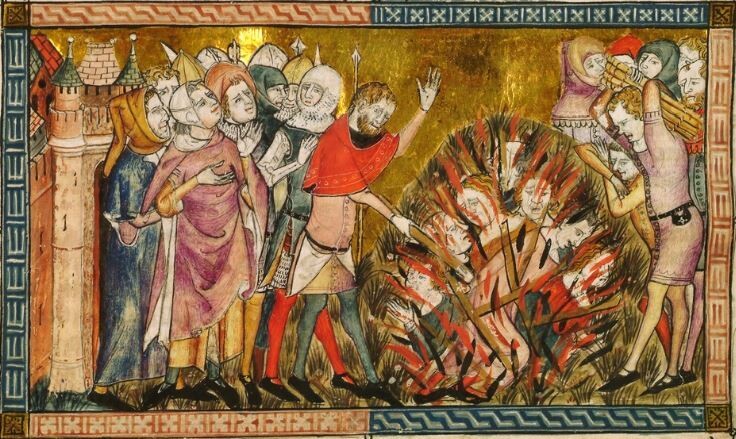 14세기 벨기에 지방에서 만들어진 필사본의 삽화로 1349년 흑사병 유행 시기의 유대인 학살을 그리고 있다. 유대인을 모아 불에 태워 죽이고 있다. &lt;감염병인류&gt;는 감염병이 유행하는 시기, 타자들에 대한 혐오와 배제가 더 강하게 일어난다고 지적한다. 창비 제공