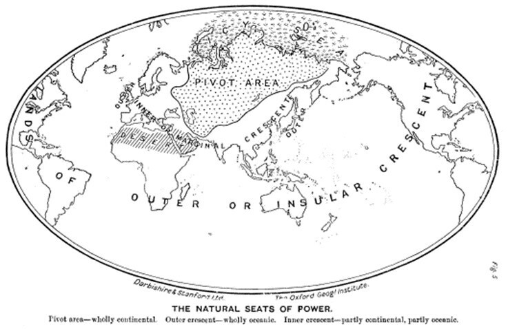 매킨더의 ‘심장지대’ 이론을 세계 지도로 표현한 그림. 위키미디어 코먼스
