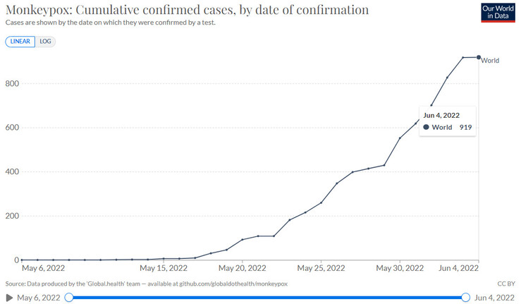 국제 통계 사이트인 아워월드인데이터(ourworldindata.org)를 보면 원숭이두창 확진자는 지난 4일을 기준으로 28개국에서 919명이 발생한 것으로 집계됐다. 아워월드인데이터 홈페이지 캡처